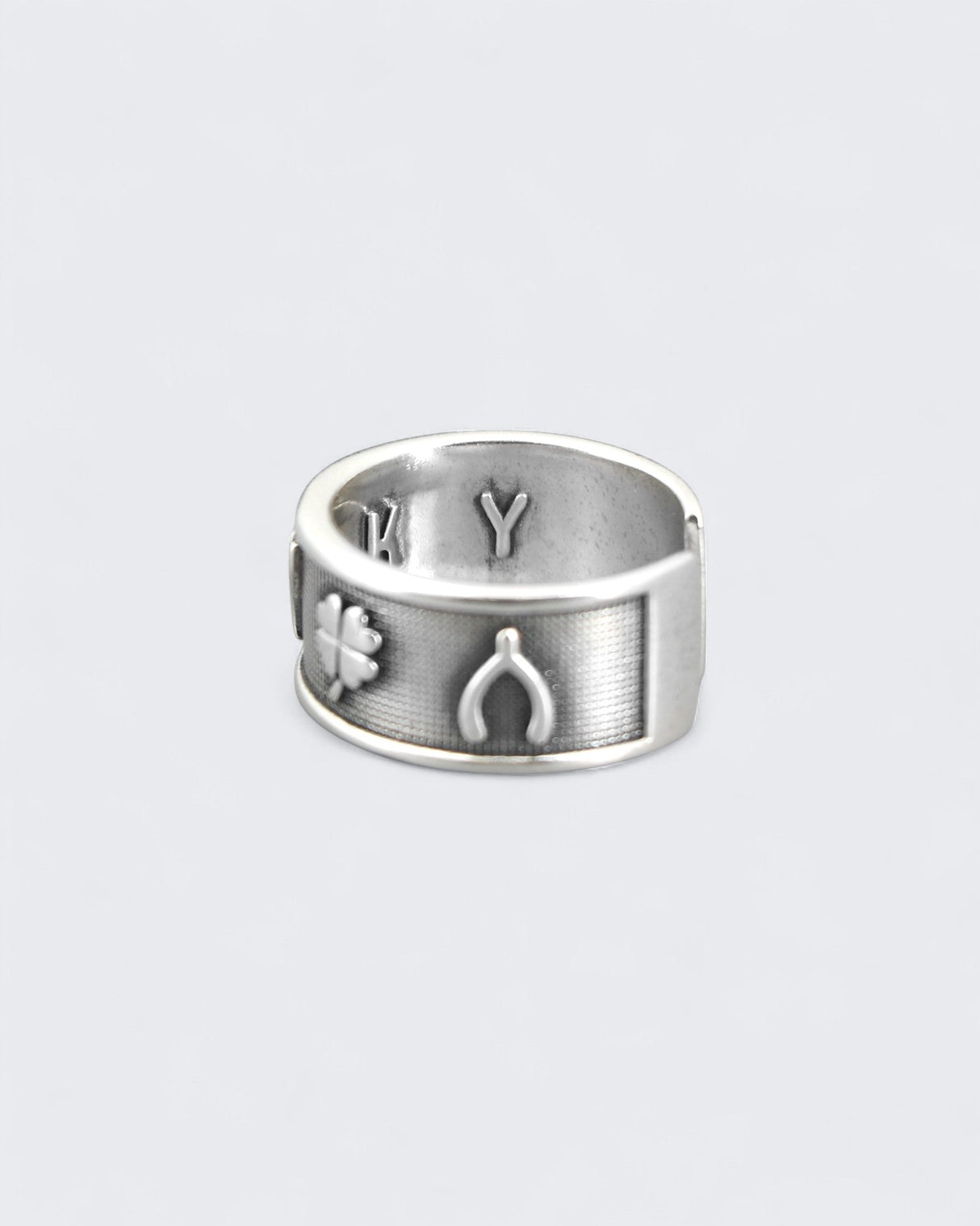 Sterling Silver Lucky Symbols Ring – Adjustable Band with Horseshoe, Ladybug, Four - Leaf Clover, 7, and Wishbone - Rings