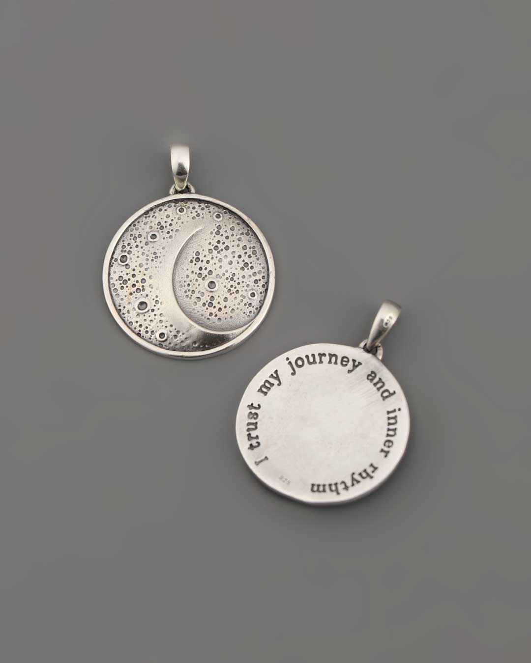 Sterling Silver Moon Pendant – Etched Lunar Texture with Inspirational Back Engraving - Charms & Pendants