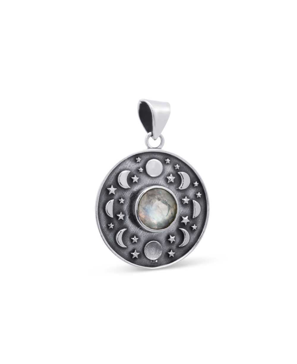 Sterling Silver Moon Phase Celestial Pendant with Moonstone - Charms & Pendants