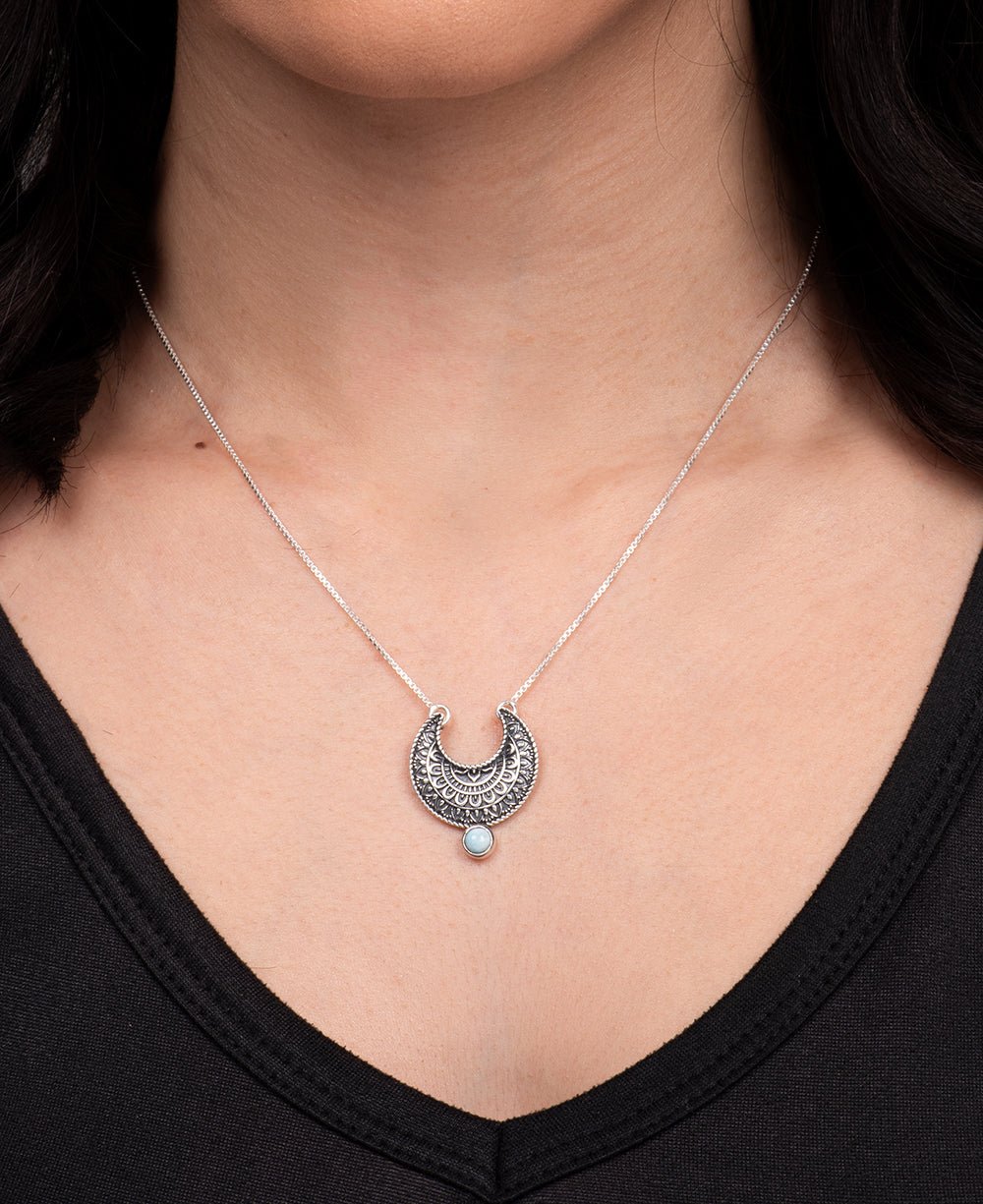 Sterling Silver Moon Phase Mandala Art Gemstone Inspirational Necklace - Necklaces Moonstone