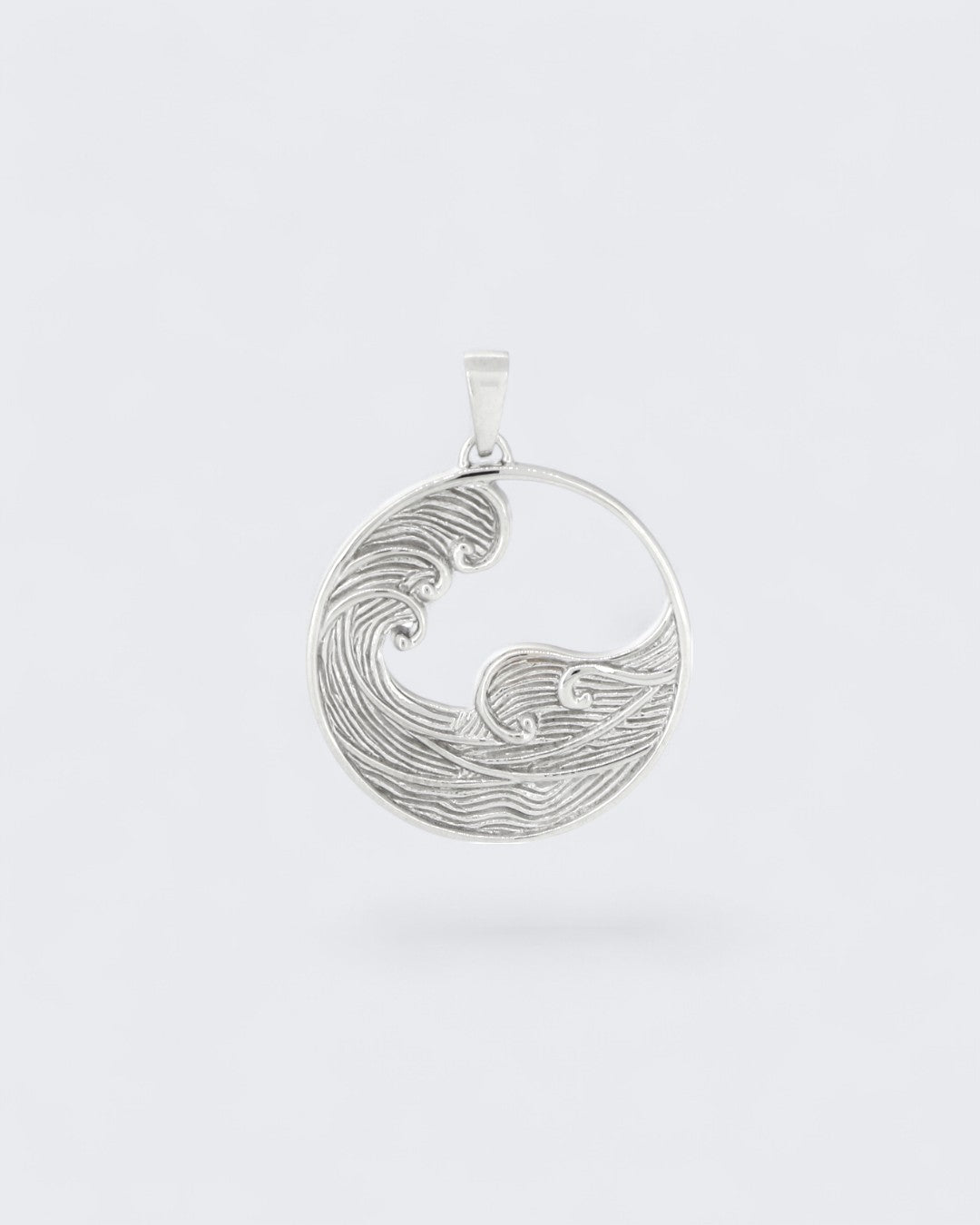 Sterling Silver Rhodium Wave Medallion Pendant – Ocean - Inspired Open Circle Necklace - Pendant