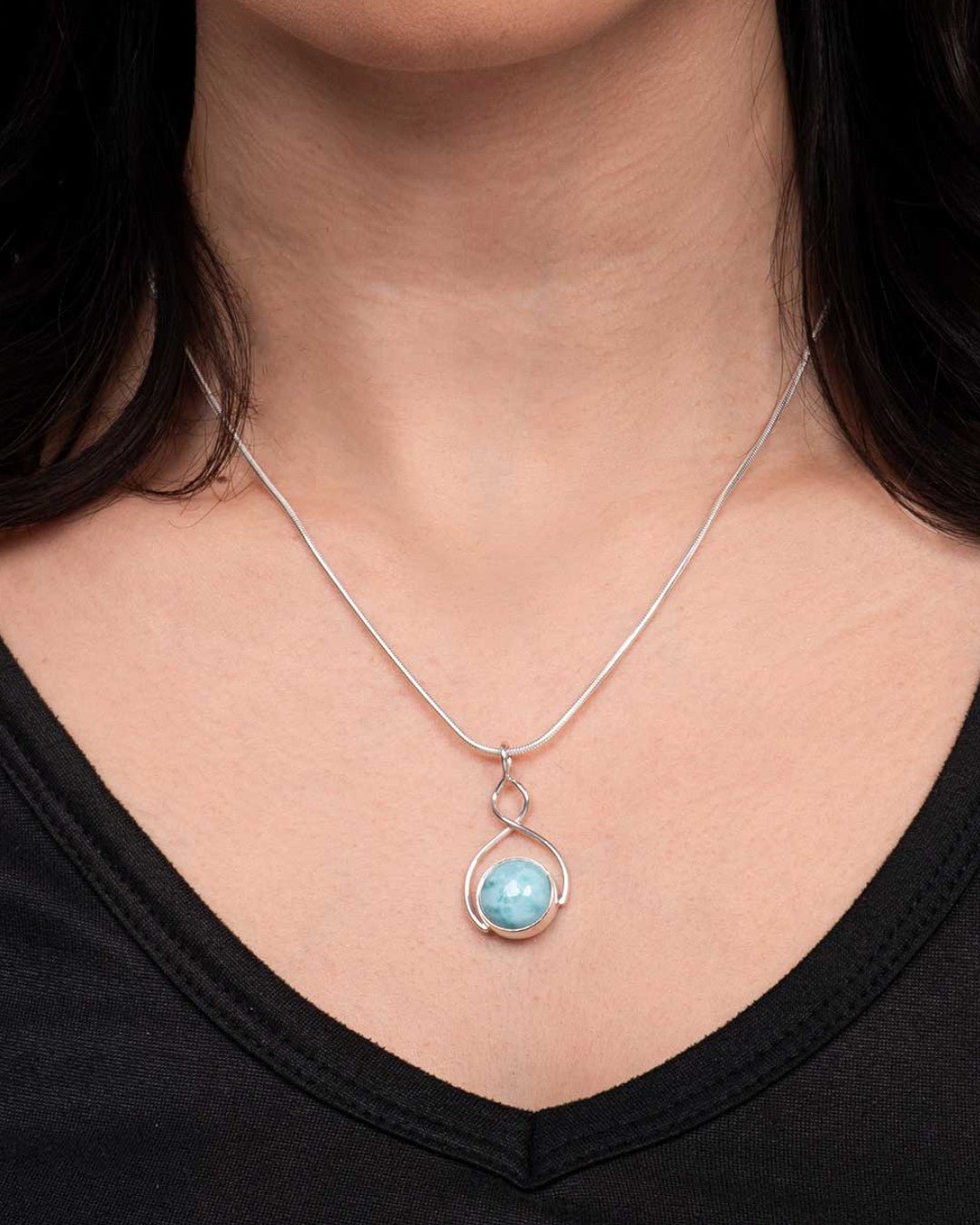Sterling Silver Round Larimar Pendant - Pendants