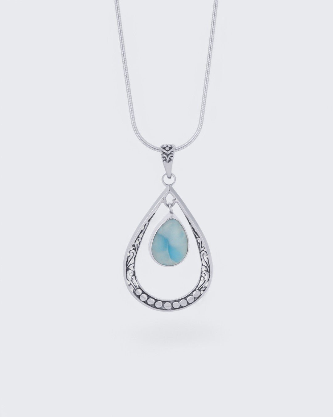 Sterling Silver Teardrop Floral Larimar Pendant - Pendants