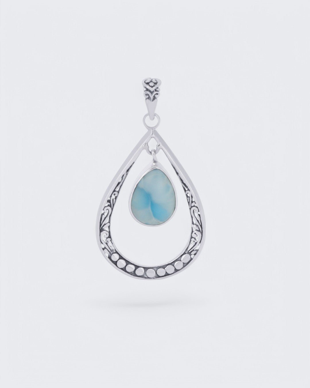 Sterling Silver Teardrop Floral Larimar Pendant - Pendants