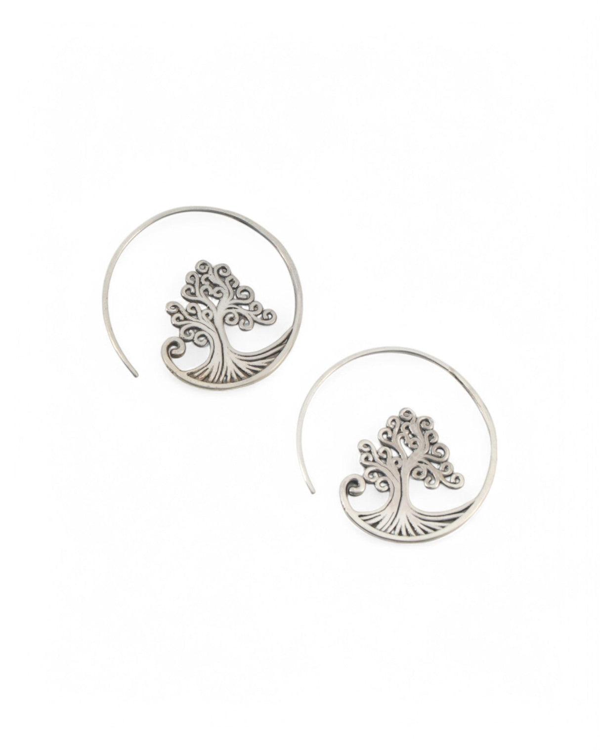 Sterling Silver Tree of Life Spiral Hoop Earrings - Earrings
