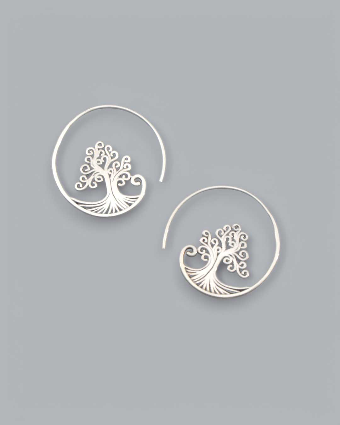 Sterling Silver Tree of Life Spiral Hoop Earrings - Earrings