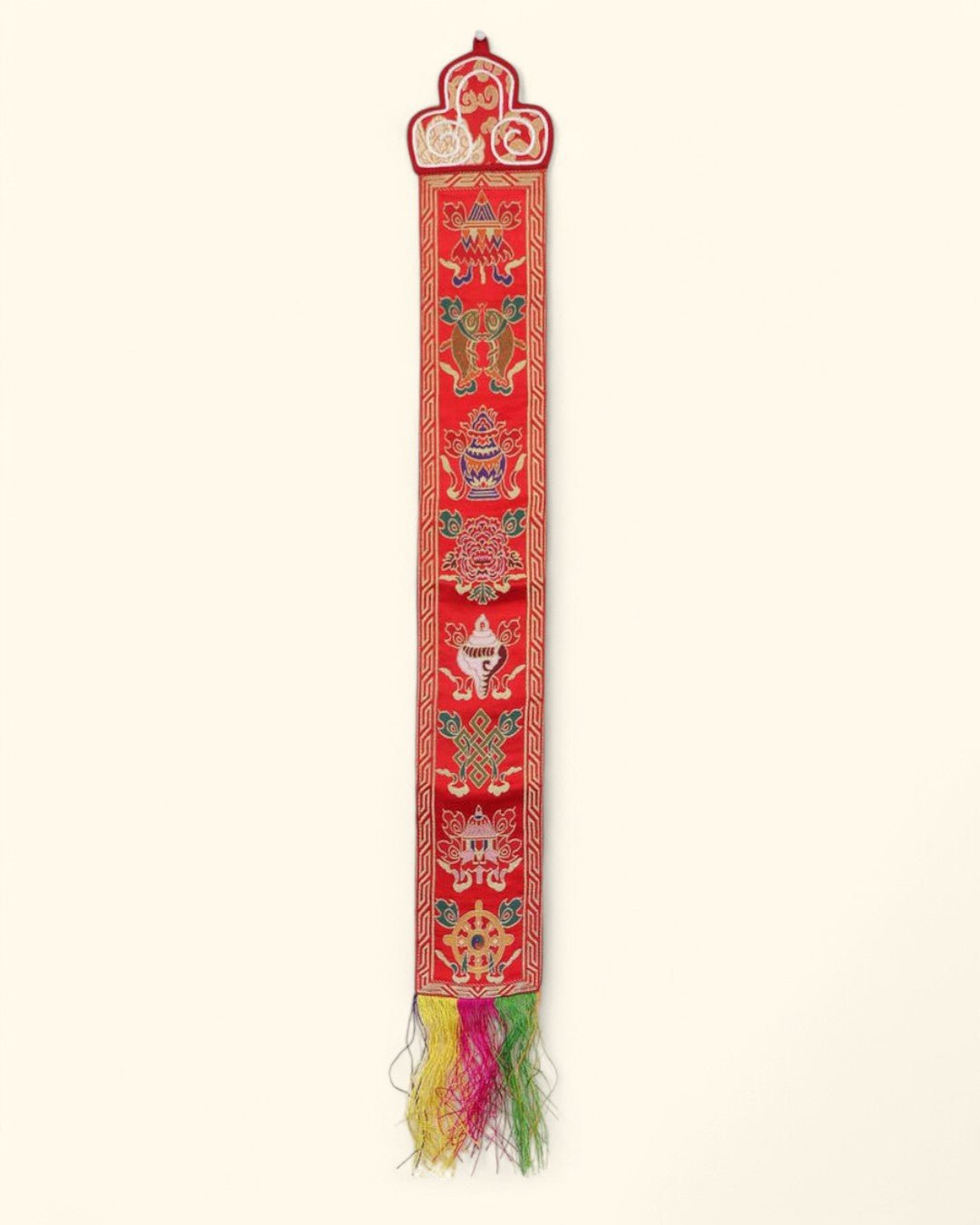 Tibetan Auspicious Symbols Brocade Wall Banner, Red - Wall Hanging