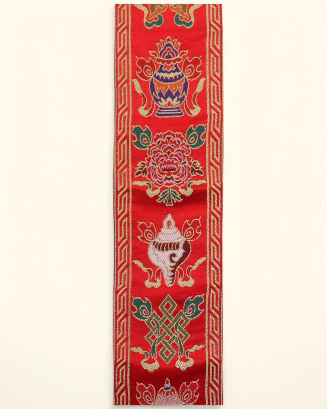 Tibetan Auspicious Symbols Brocade Wall Banner, Red - Wall Hanging