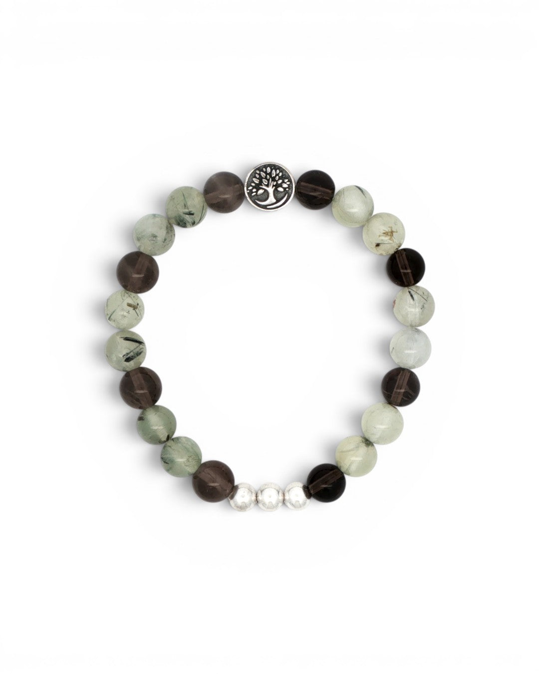 Tree of Life gemstone bracelet flat lay showing alternating smoky quartz and prehnite 8mm beads with silver tree charm