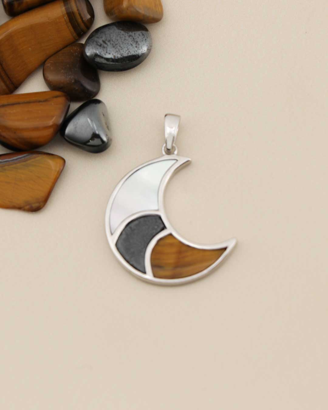 Tricolor Crescent Inlay Moon Pendant – Sterling Silver with Tiger’s Eye, Hematite & Mother of Pearl - Pendant