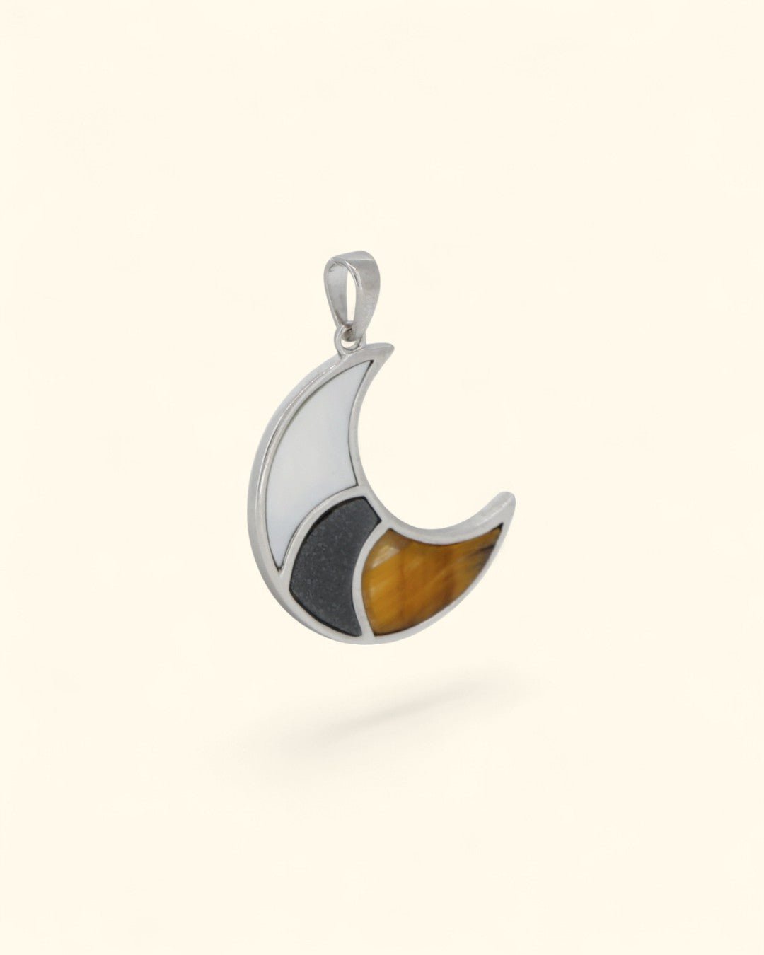 Tricolor Crescent Inlay Moon Pendant – Sterling Silver with Tiger’s Eye, Hematite & Mother of Pearl - Pendant