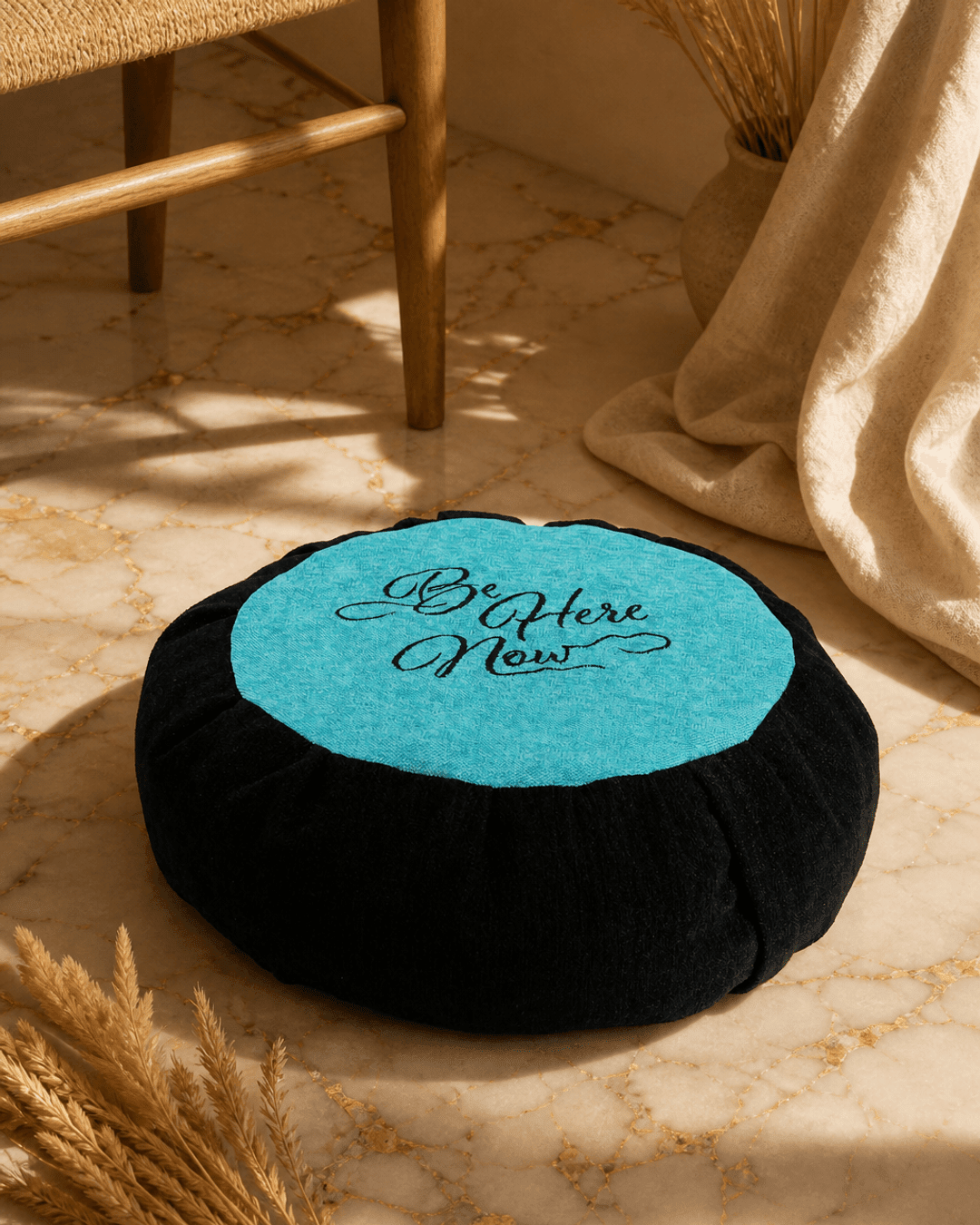 Turquoise Blue and Black Be Here Now Zafu Cushion - Massage Cushions