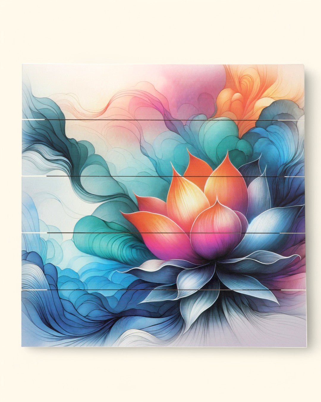Vibrant Lotus Abstract Wooden Panel Wall Art - Posters, Prints, & Visual Artwork