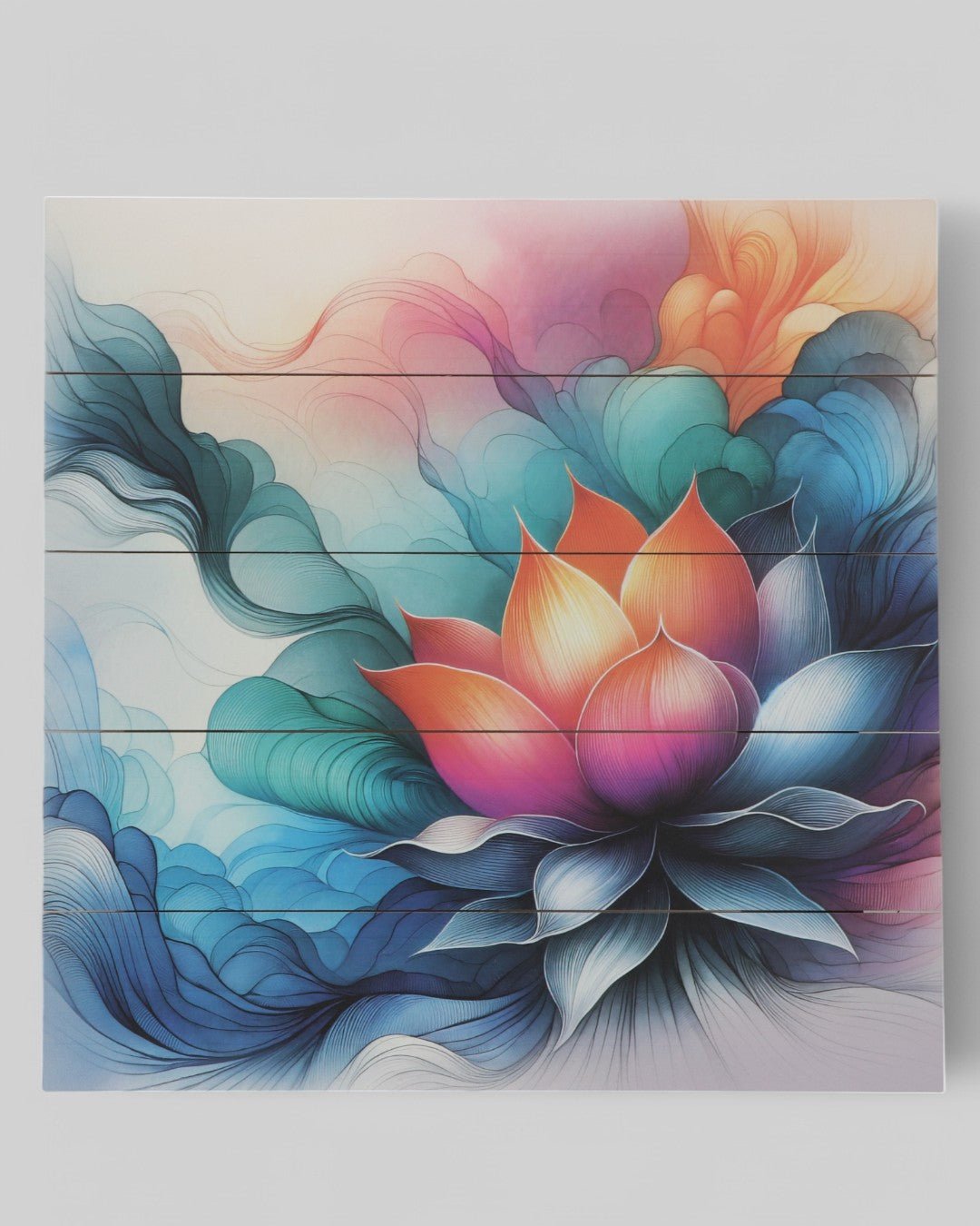 Vibrant Lotus Abstract Wooden Panel Wall Art - Posters, Prints, & Visual Artwork