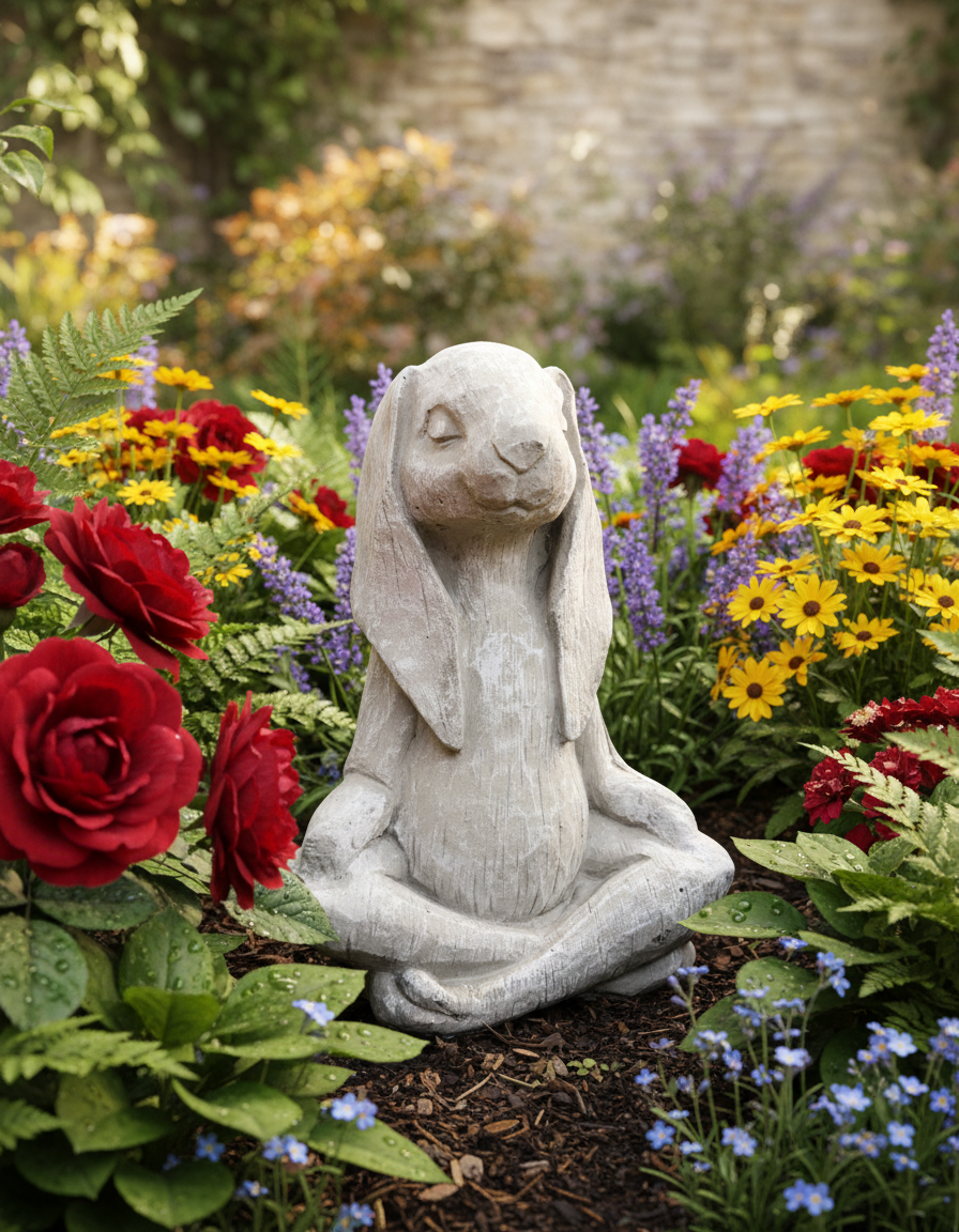 Vintage 14" Zen Meditating Karma Yoga Bunny Rabbit Concrete Garden Statue Made in USA - Sculptures & Statues