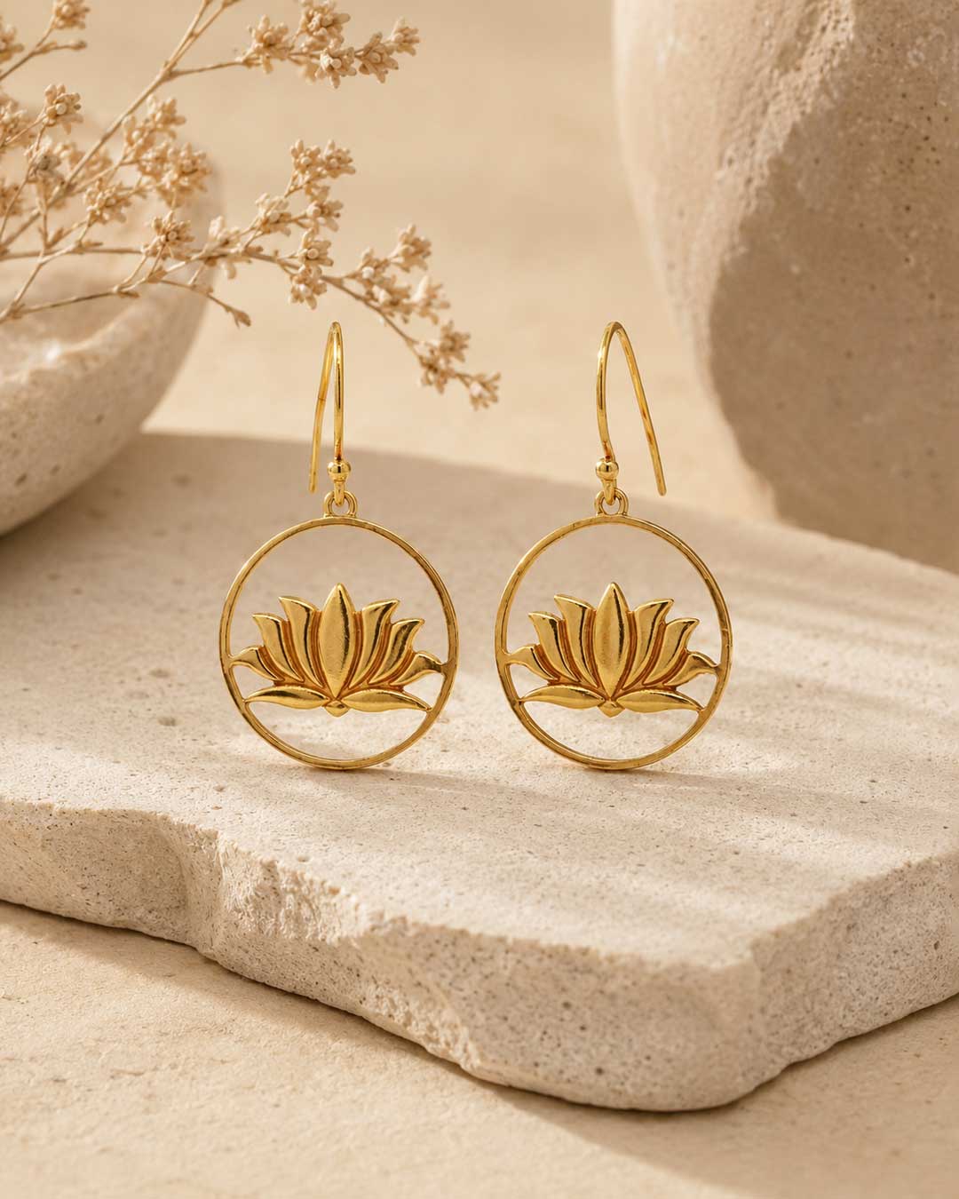Wire Frame Lotus Dangle Earrings — Gold Plated Brass Lotus Hoops - Earrings