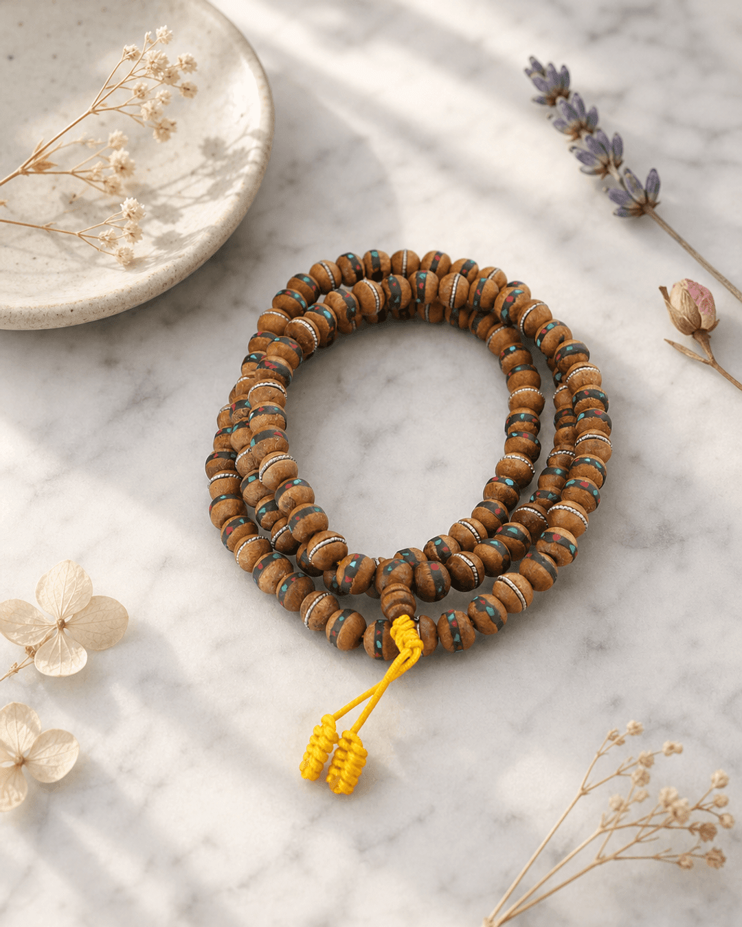 Wooden Mala with Coral and Turquoise Inlays, 108 Beads - Prayer Beads