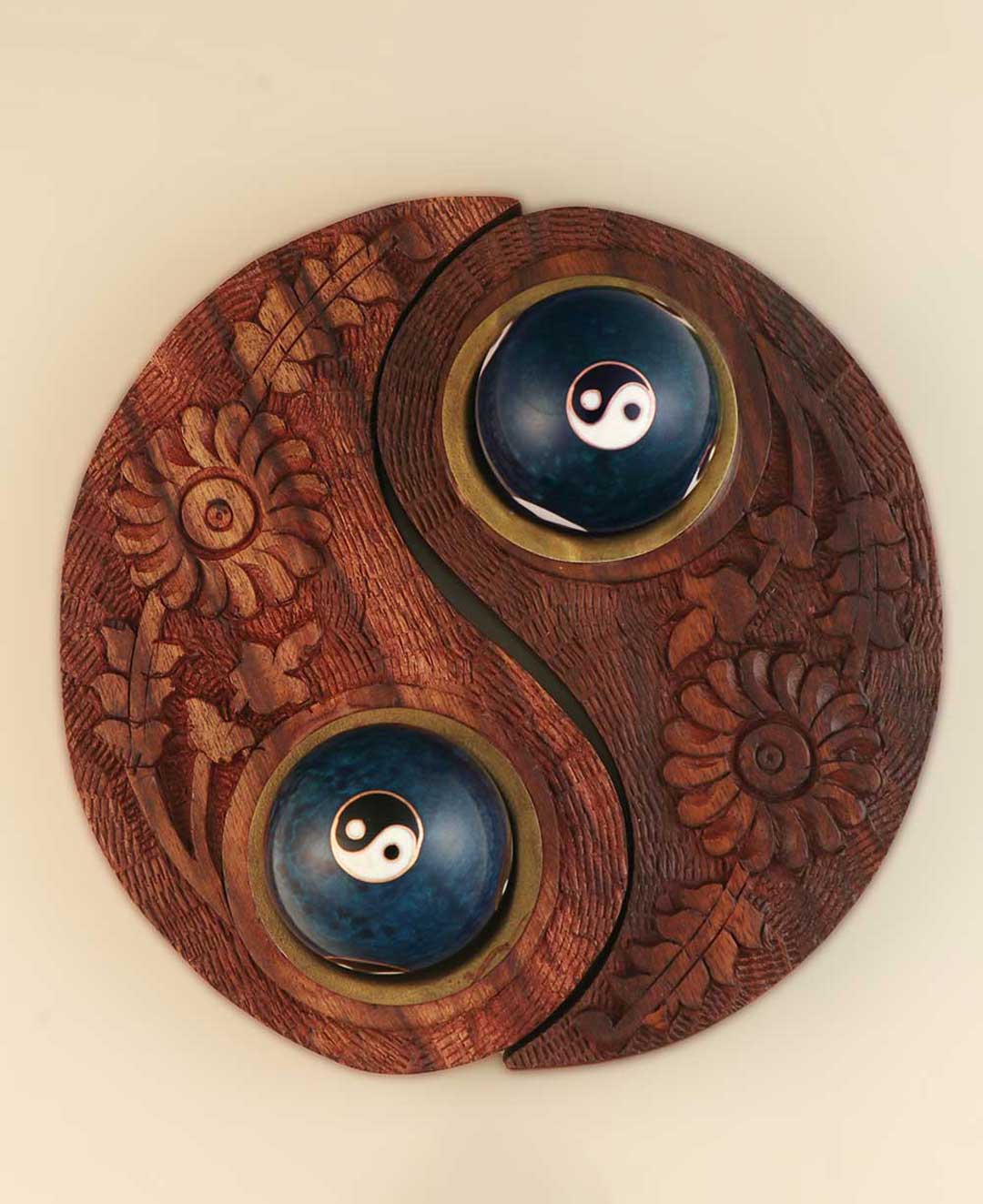 Yin Yang Harmony Balls with Carved Wood Holder – Stress Relief Chime Set with Tea Light Option - Decorative Trays