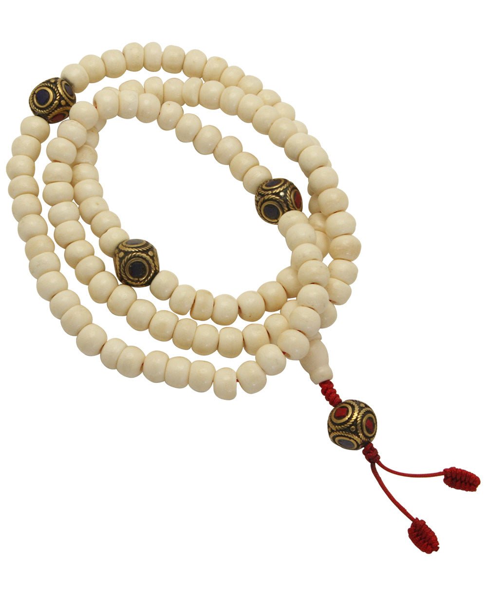 108 Bone Bead Mala with Inlaid Counter Beads - Prayer Beads