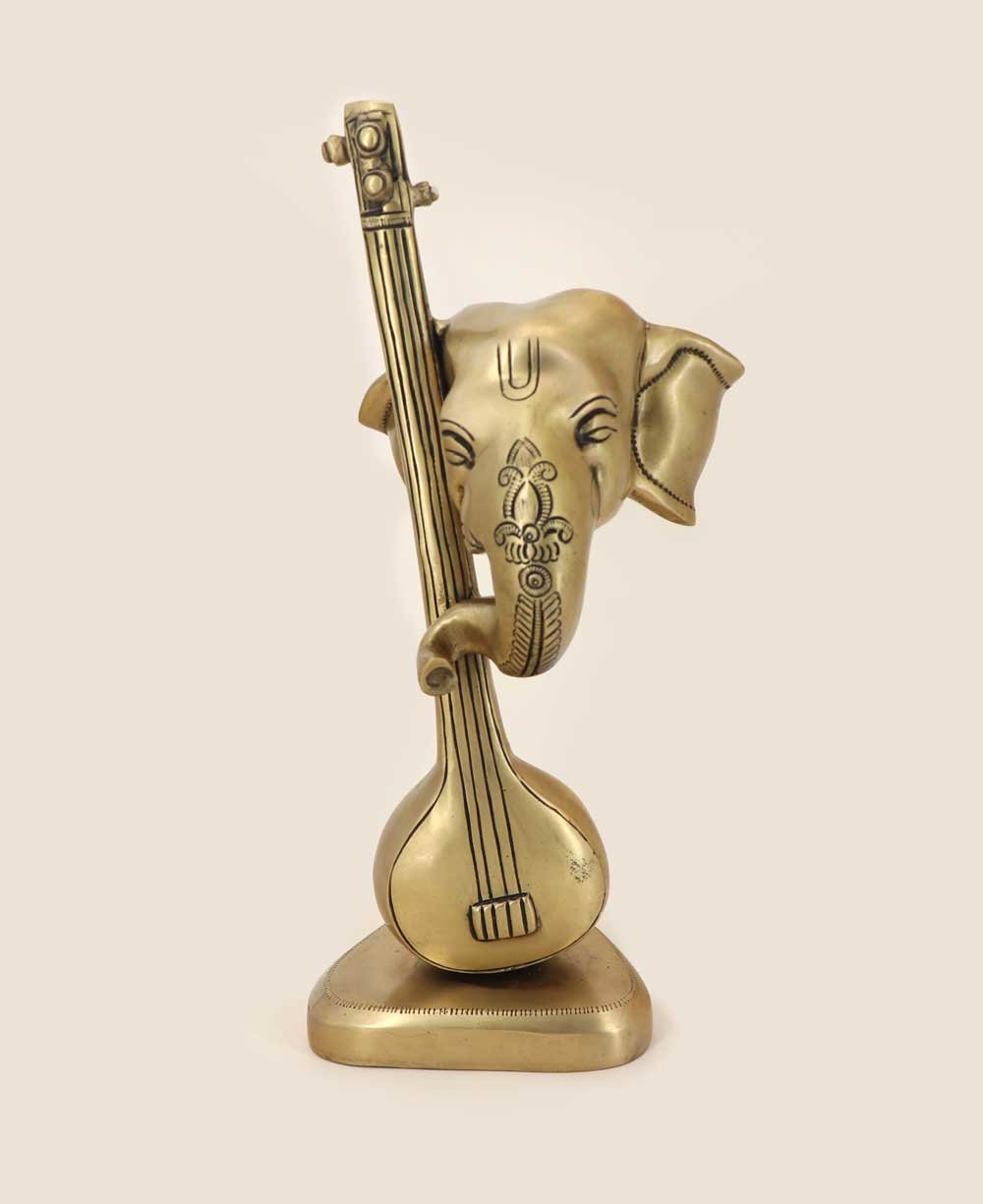 Artistic Abstract Brass Ganesh Statue Playing Sitar - Sculptures & Statues