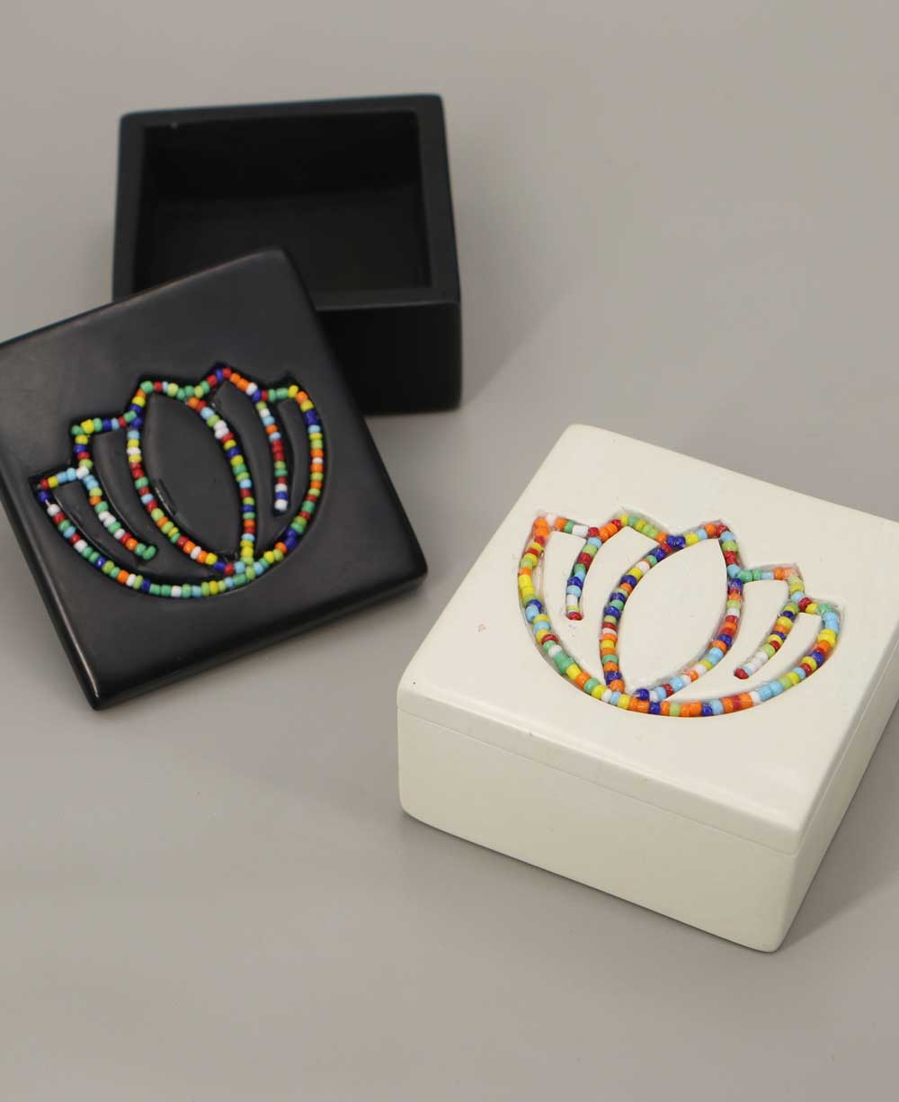 Artistic Beaded Soapstone Lotus Trinket Box, Crafted in Kenya - Black