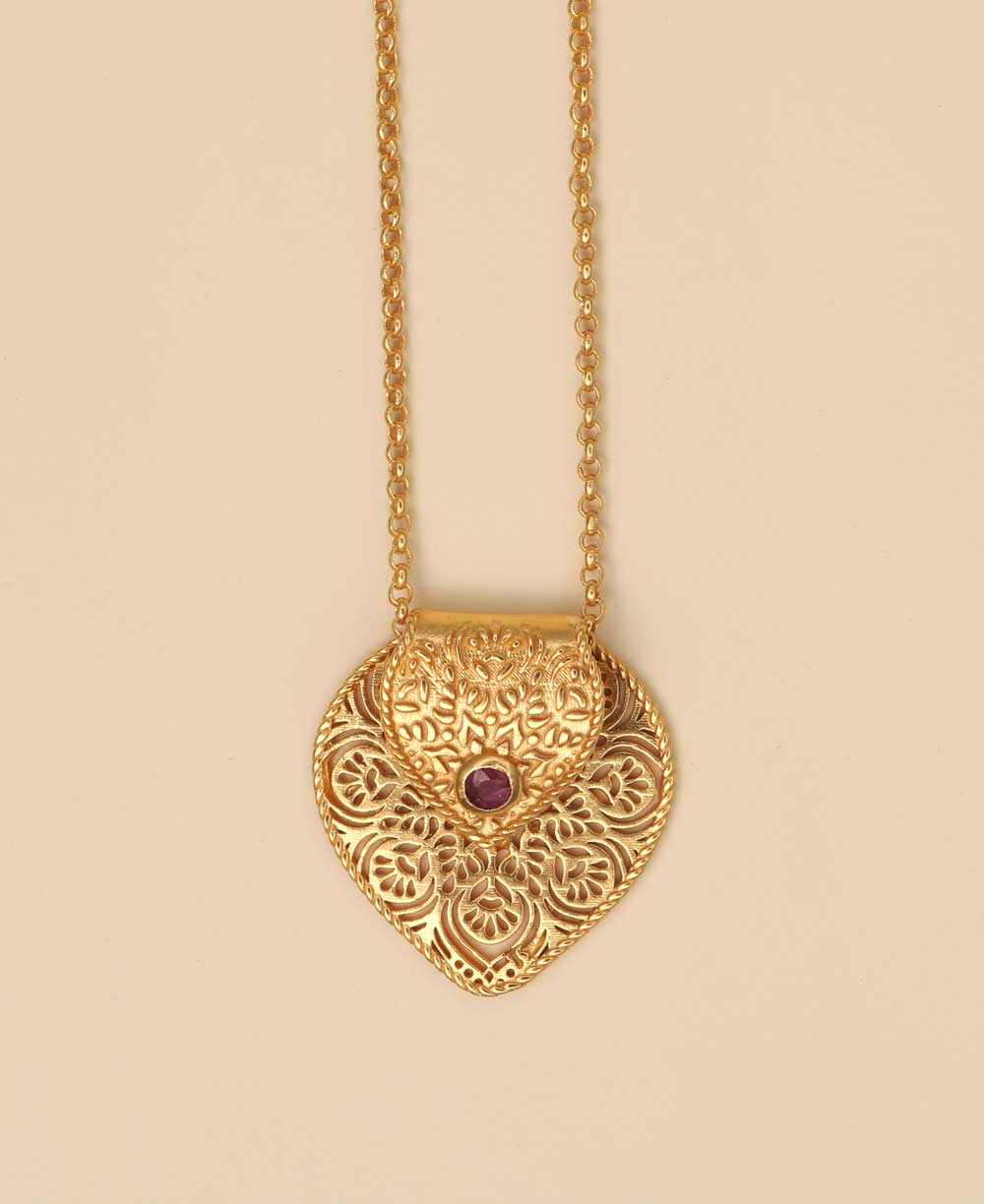 Birthstone Gemstone Gold Plated Brass Lotus Petal Mandala Necklace - Necklaces Jan (Garnet)