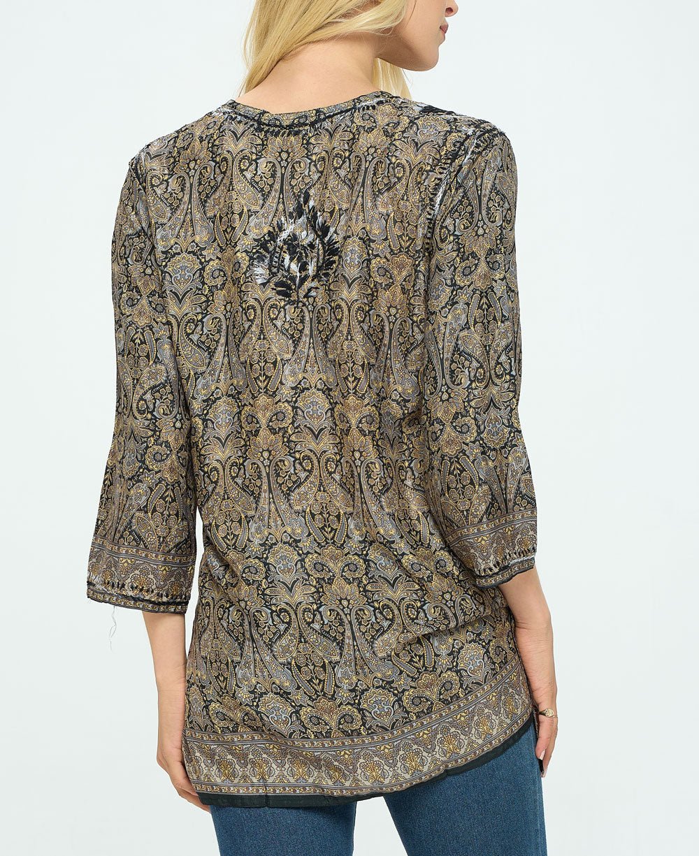 Black and Beige Tunic With Hand Embroidery - Shirts & Tops S