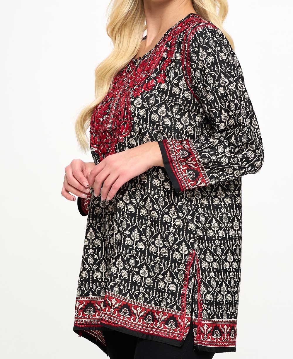 Black and White Tunic With Red Hand Embroidery - Shirts & Tops S