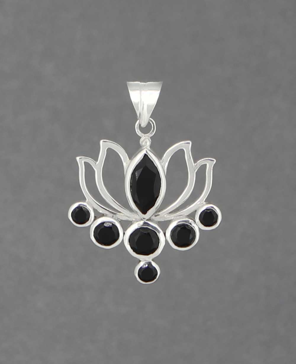 Black Onyx Lotus Pendant, Sterling Silver - Pendant