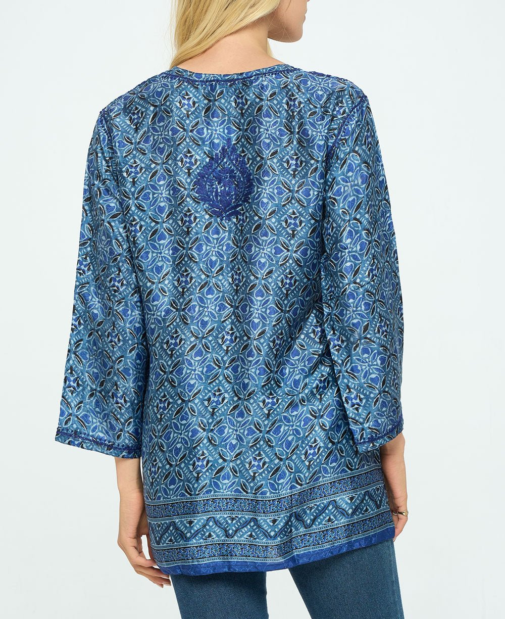 Blue Geometry Tunic With Hand Embroidery - Shirts & Tops S