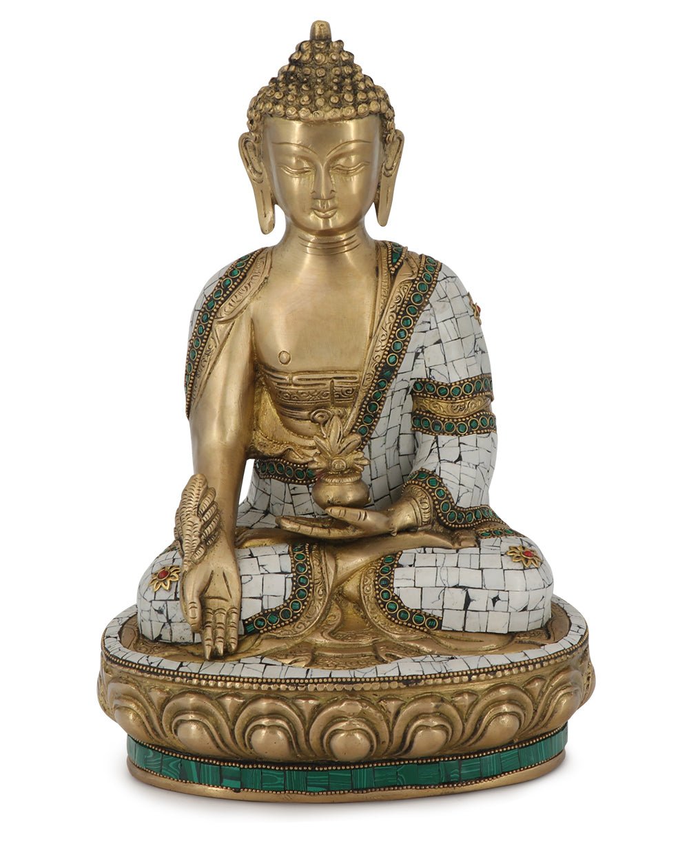 Brass Healing Medicine Buddha Statue With White & Green Mosaic - Sculptures & Statues