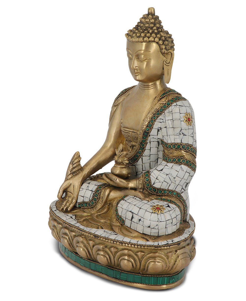 Brass Healing Medicine Buddha Statue With White & Green Mosaic - Sculptures & Statues