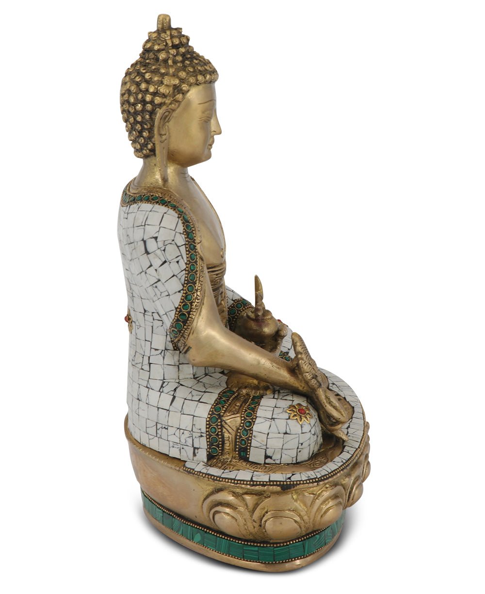 Brass Healing Medicine Buddha Statue With White & Green Mosaic - Sculptures & Statues