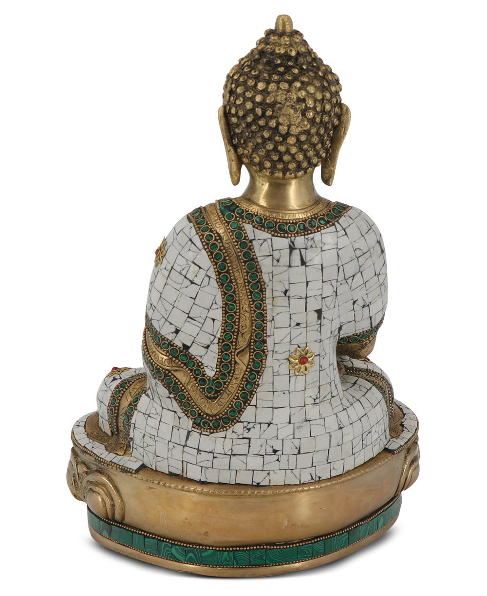 Brass Healing Medicine Buddha Statue With White & Green Mosaic - Sculptures & Statues