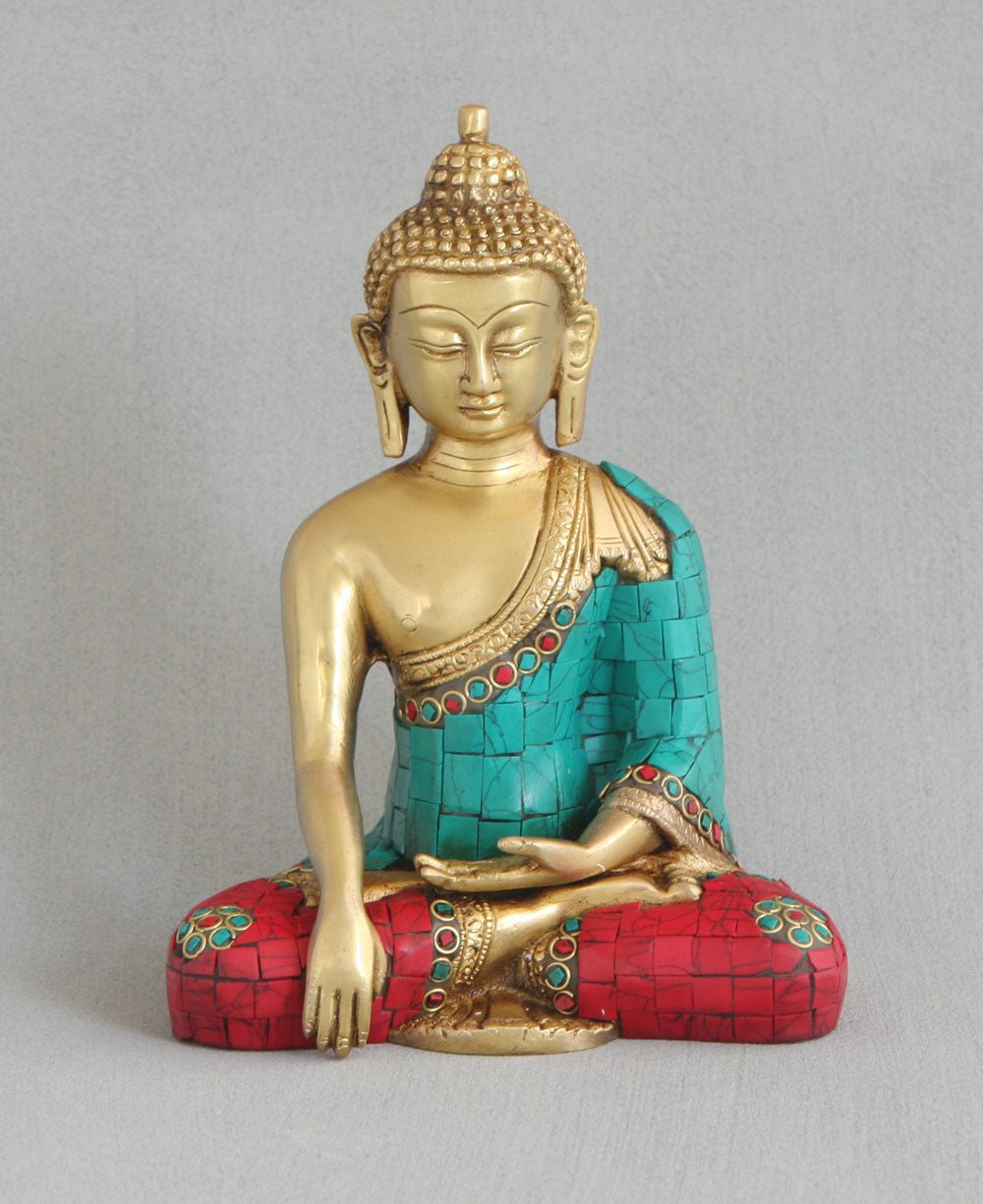 Brass Shakyamuni Buddha Statue with Colorful Detailing - Sculptures & Statues