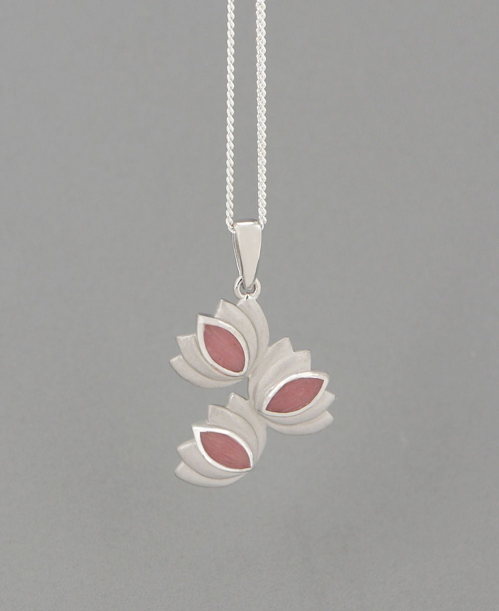 Brushed Sterling Silver Rhodochrosite Triple Lotus Pendant - Pendant
