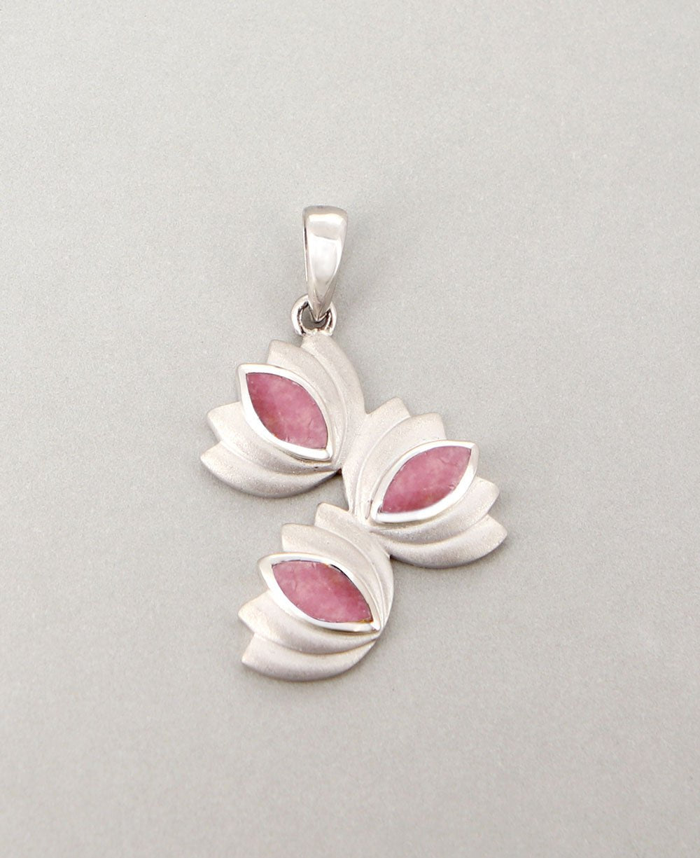 Brushed Sterling Silver Rhodochrosite Triple Lotus Pendant - Pendant