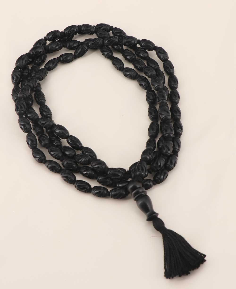Carved Ebony Wood Meditation Mala with Knotted Beads - Prayer Beads 54 Beads