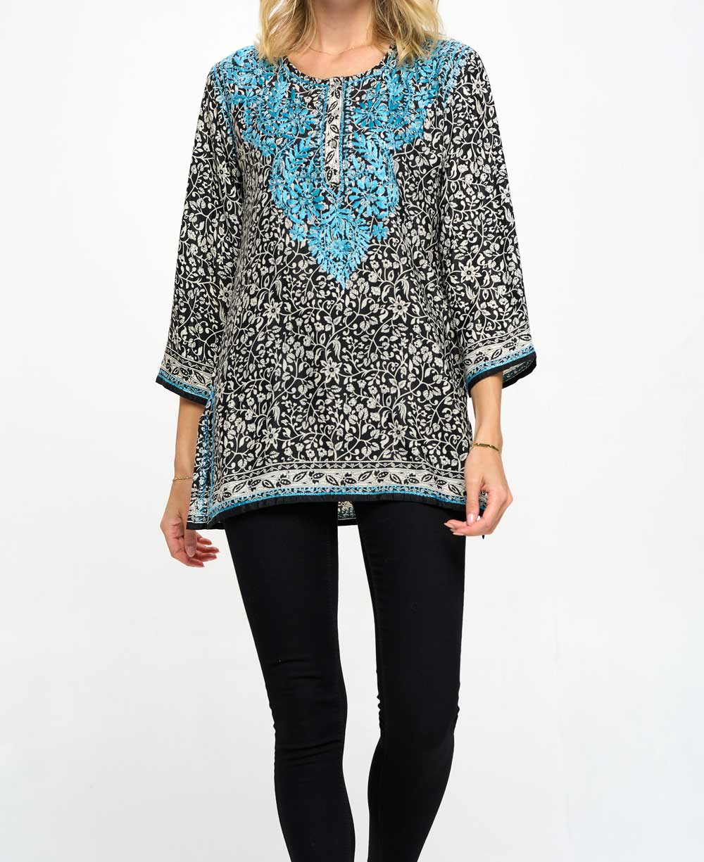 Contrast Embroidery Indian Tunic in Poly Silk - Shirts & Tops S