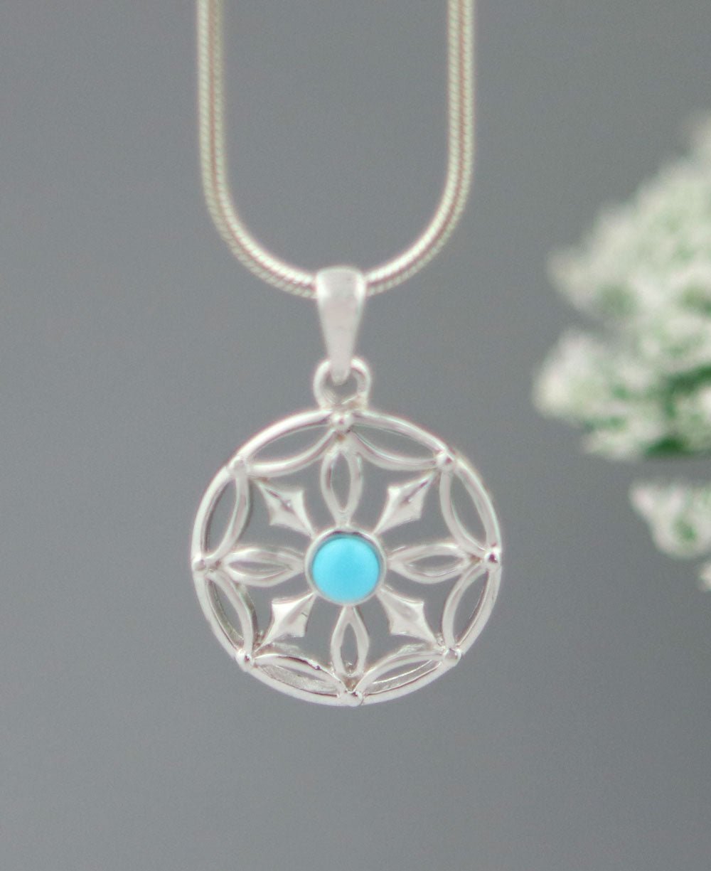 Dharma Wheel Pendant in Sterling Silver and Turquoise - Charms & Pendants