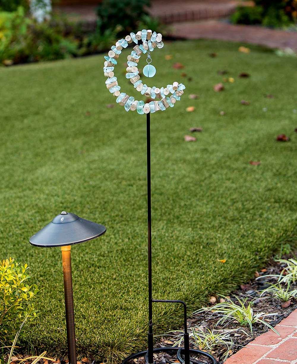 Driftwood & Aqua Glass Crescent Zen Garden Stake - Garden Stake