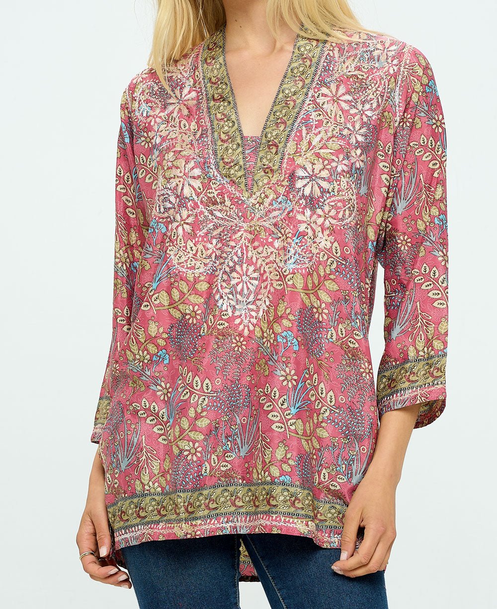 Embroidered Blush Tones V Neck Tunic Top - Shirts & Tops S