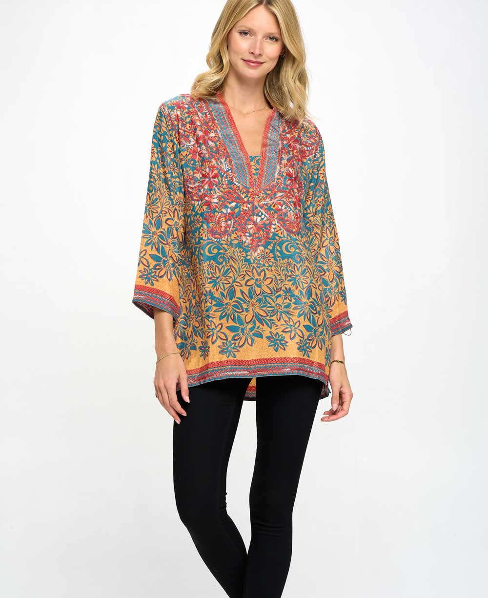 Embroidered Floral Burst Tunic Top - Shirts & Tops S