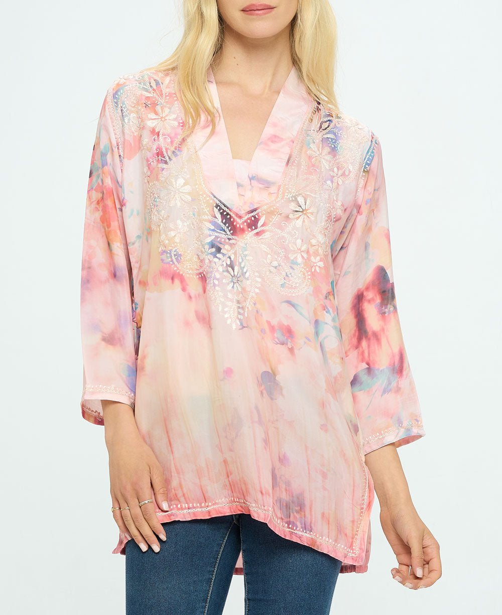Embroidered Peach Tones V Neck Tunic Top - Shirts & Tops S