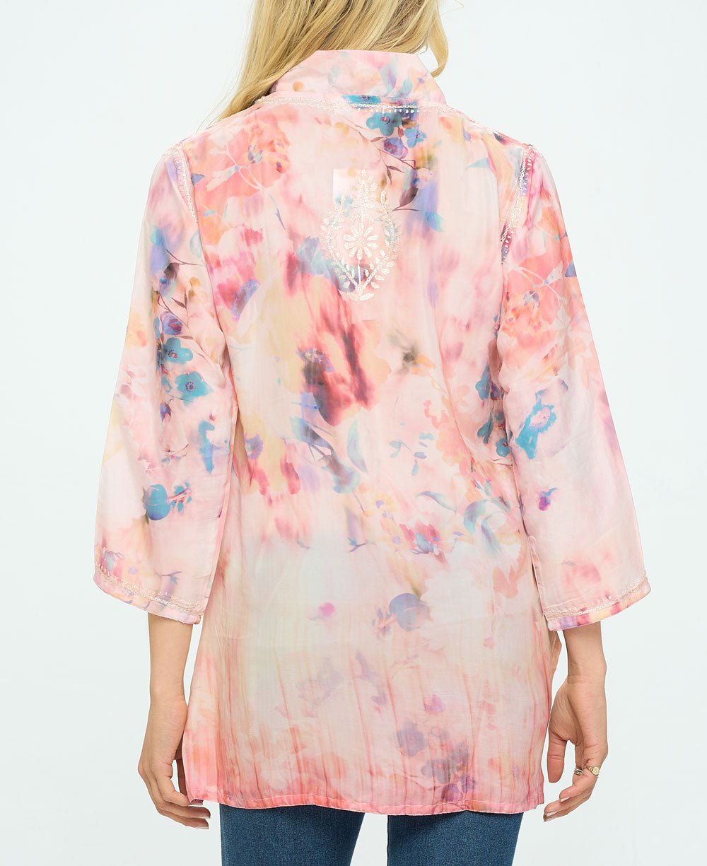 Embroidered Peach Tones V Neck Tunic Top - Shirts & Tops S