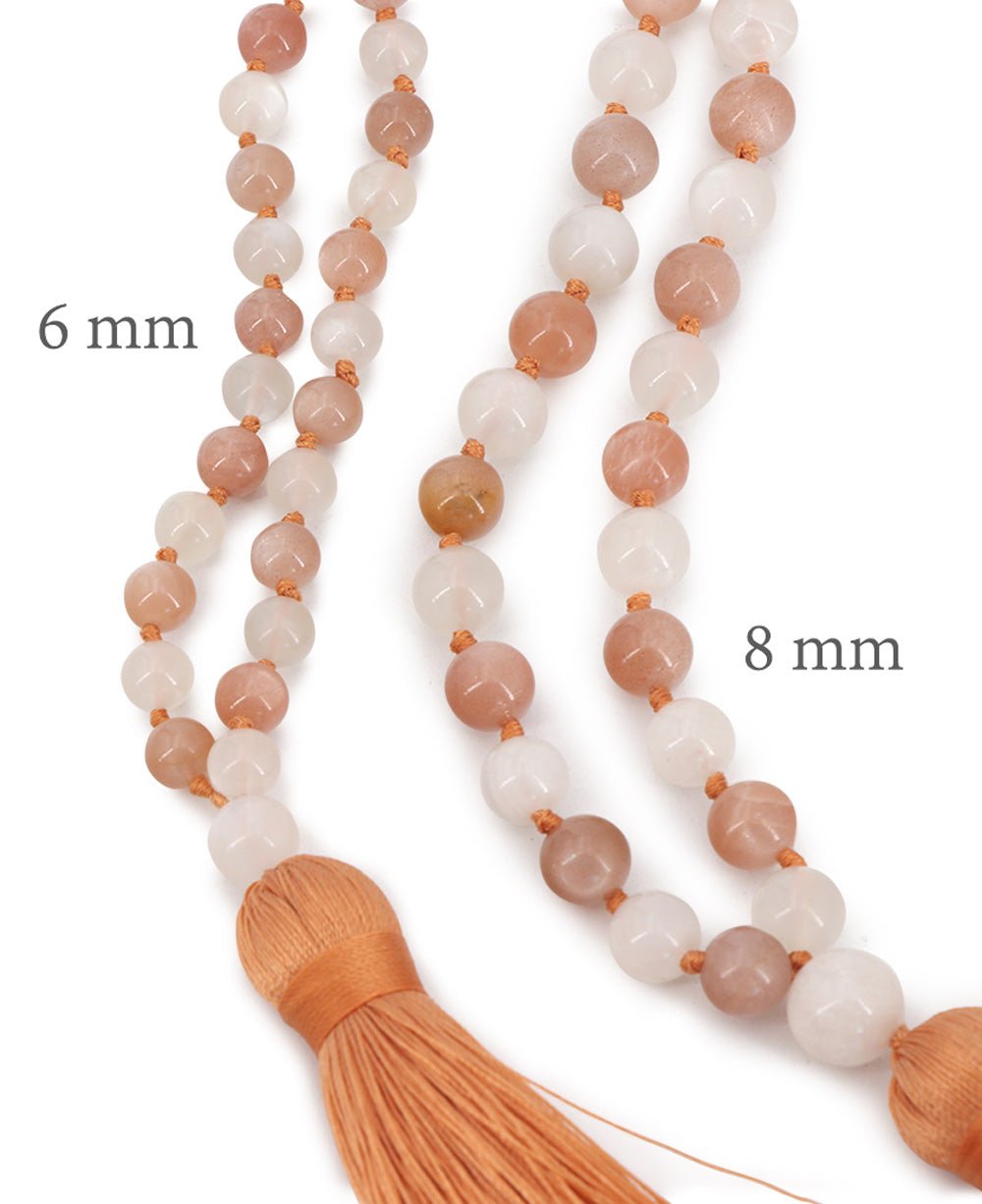 Ethereal White and Peach Moonstone Beads Meditation Knotted Mala - Prayer Beads 6mm