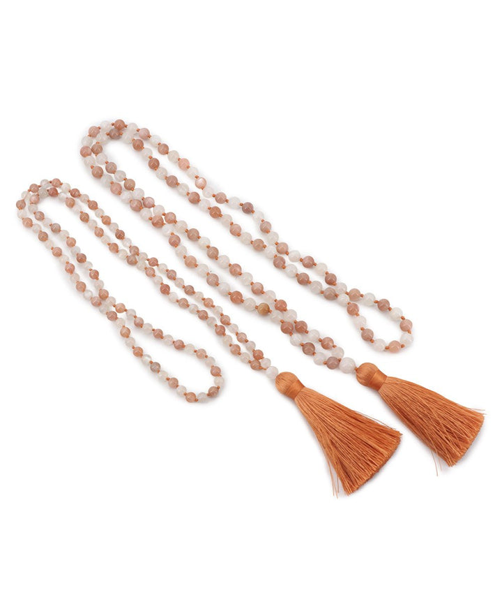 Ethereal White and Peach Moonstone Beads Meditation Knotted Mala - Prayer Beads 6mm