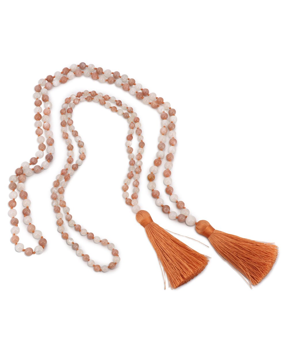 Ethereal White and Peach Moonstone Beads Meditation Knotted Mala - Prayer Beads 6mm