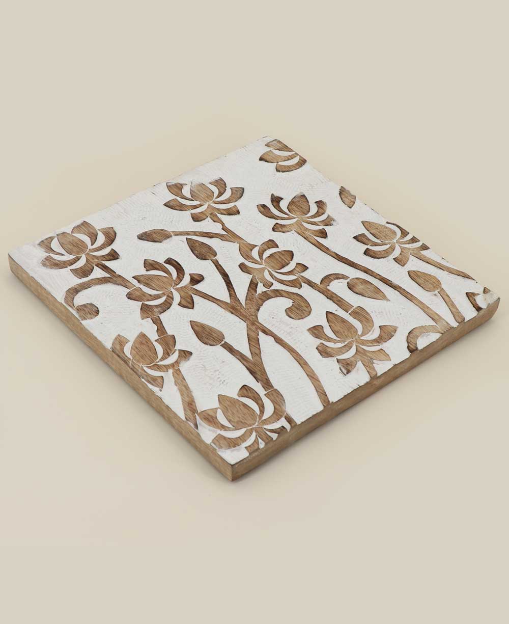 Fairtrade Hand Carved Lotus Wood Square Trivet - Trivets