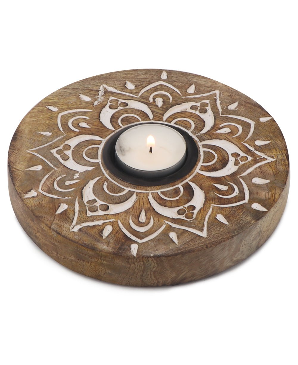 Fairtrade Hand Carved Wood Mandala Design Tea Light Holder - Candle Holders